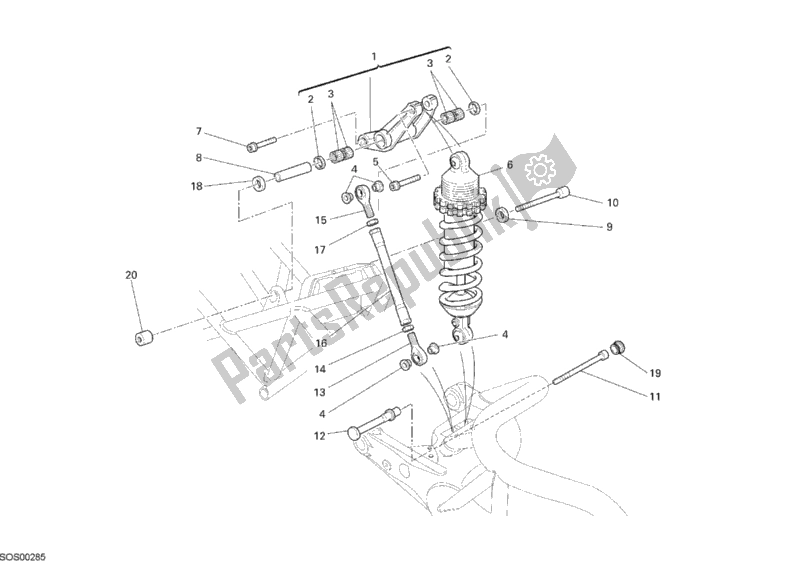 All parts for the Rear Shock Absorber of the Ducati Monster S2R 1000 USA 2007